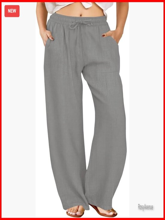 Pants - Palazzo Pants Casual Drawstring Flowy Wide Leg Summer Beach Linen Trousers with